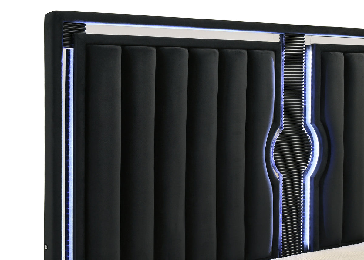 Ravenne LED Panel Bed & Bedroom Sets - Black Velvet Channel Upholstery with Blue Touch Lighting & Acrylic Trim