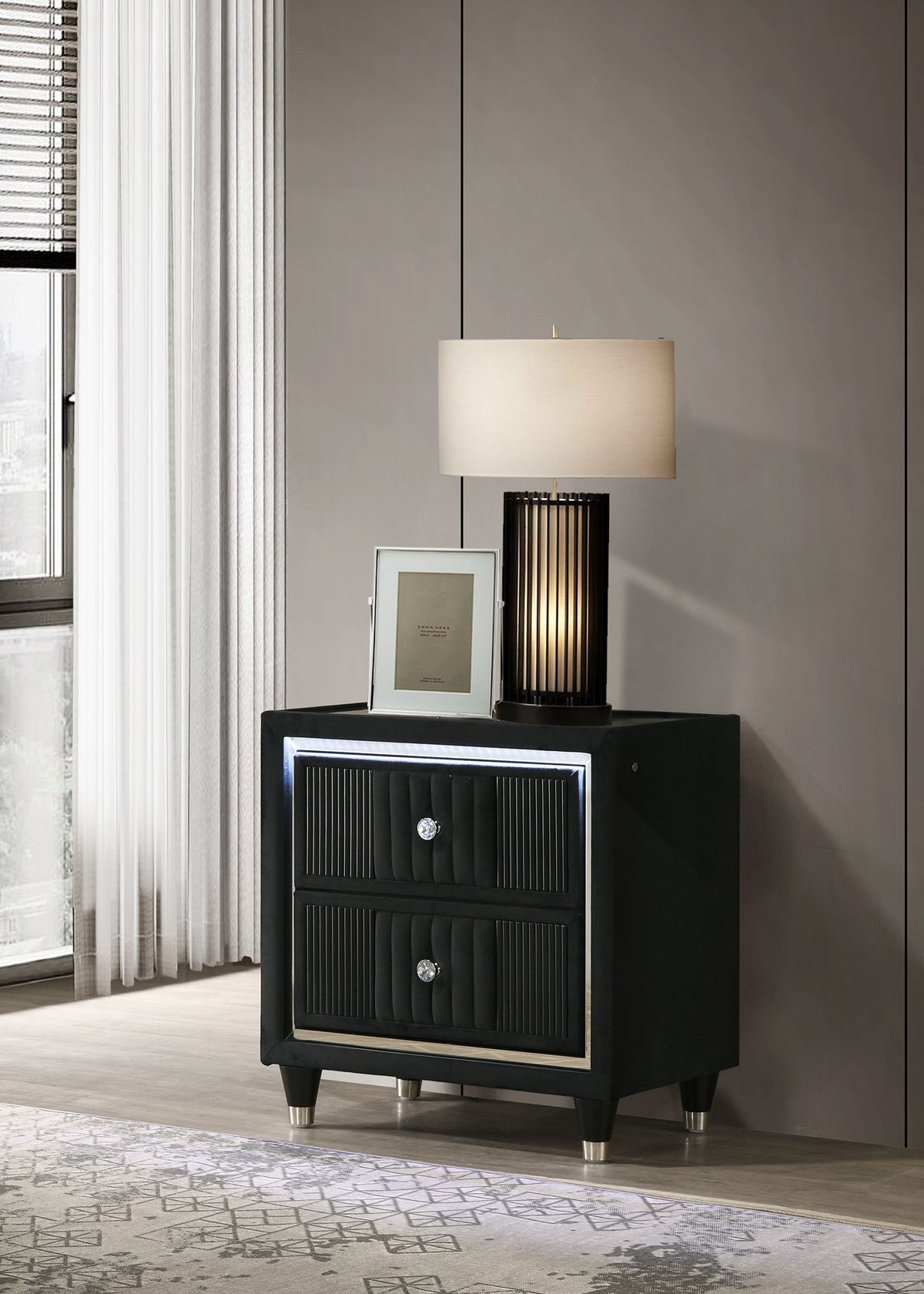 Ravenne LED Panel Bed & Bedroom Sets - Black Velvet Channel Upholstery with Blue Touch Lighting & Acrylic Trim - lifestyle