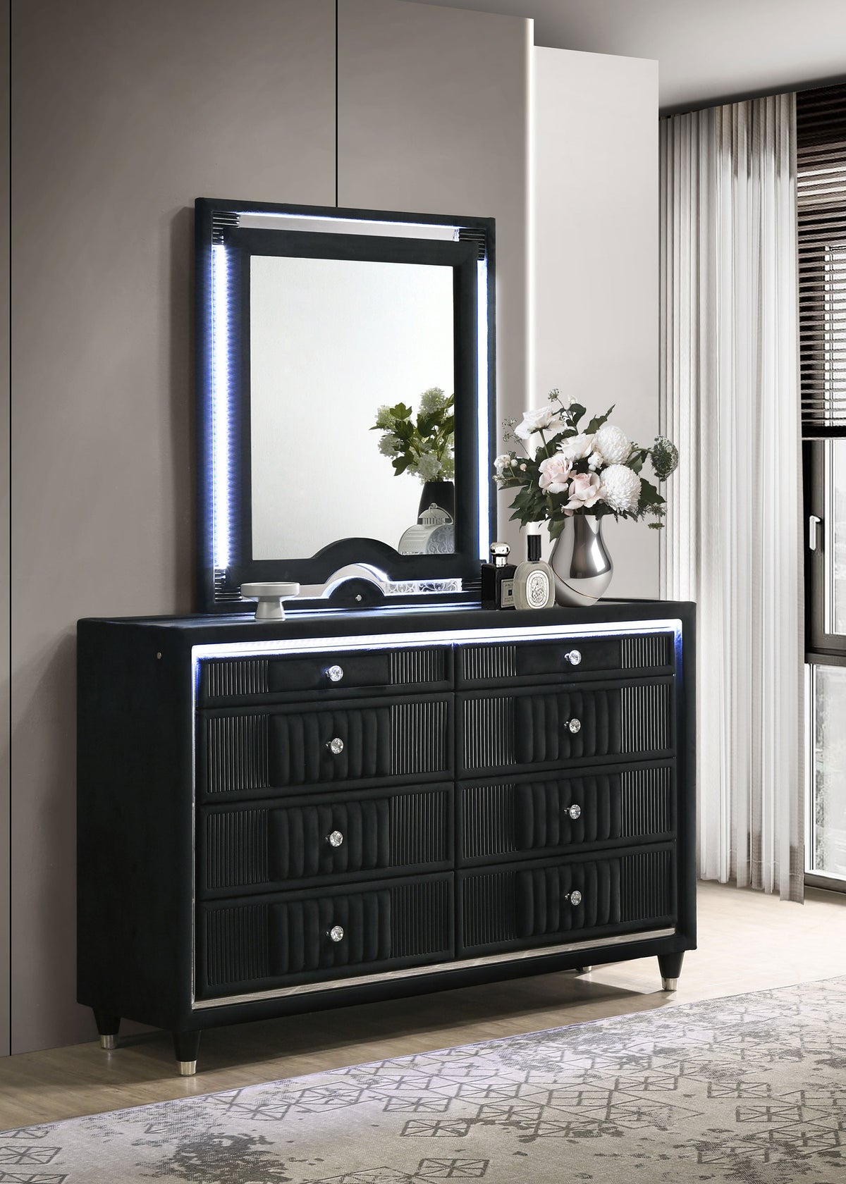 Ravenne LED Panel Bed & Bedroom Sets - Black Velvet Channel Upholstery with Blue Touch Lighting & Acrylic Trim - lifestyle