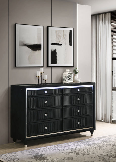 Ravenne LED Panel Bed & Bedroom Sets - Black Velvet Channel Upholstery with Blue Touch Lighting & Acrylic Trim - lifestyle