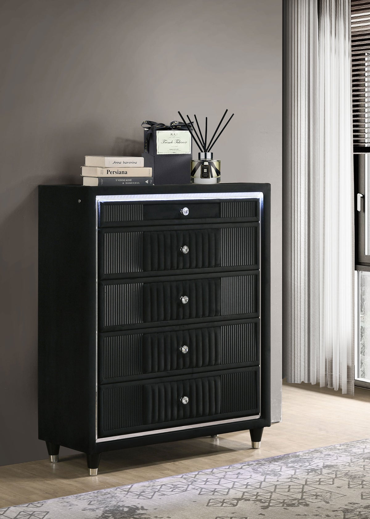 Ravenne LED Panel Bed & Bedroom Sets - Black Velvet Channel Upholstery with Blue Touch Lighting & Acrylic Trim - lifestyle