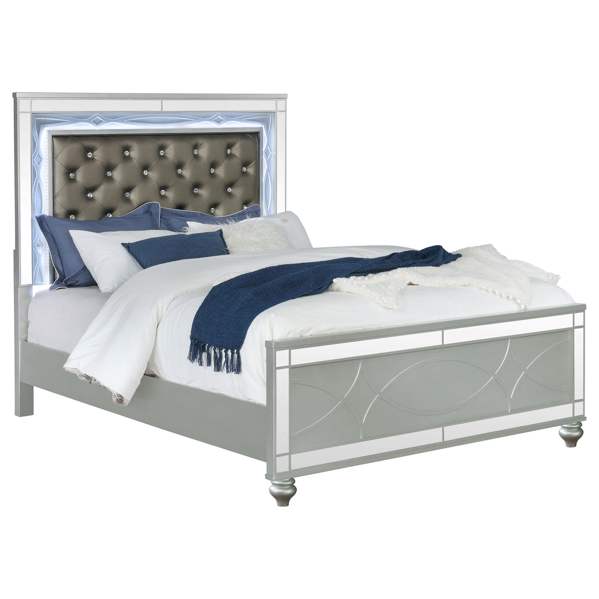 Gunnison Glam LED Panel Bed & Bedroom Sets - Crystal-Tufted Headboard & Fretwork in Silver Metallic – view 15