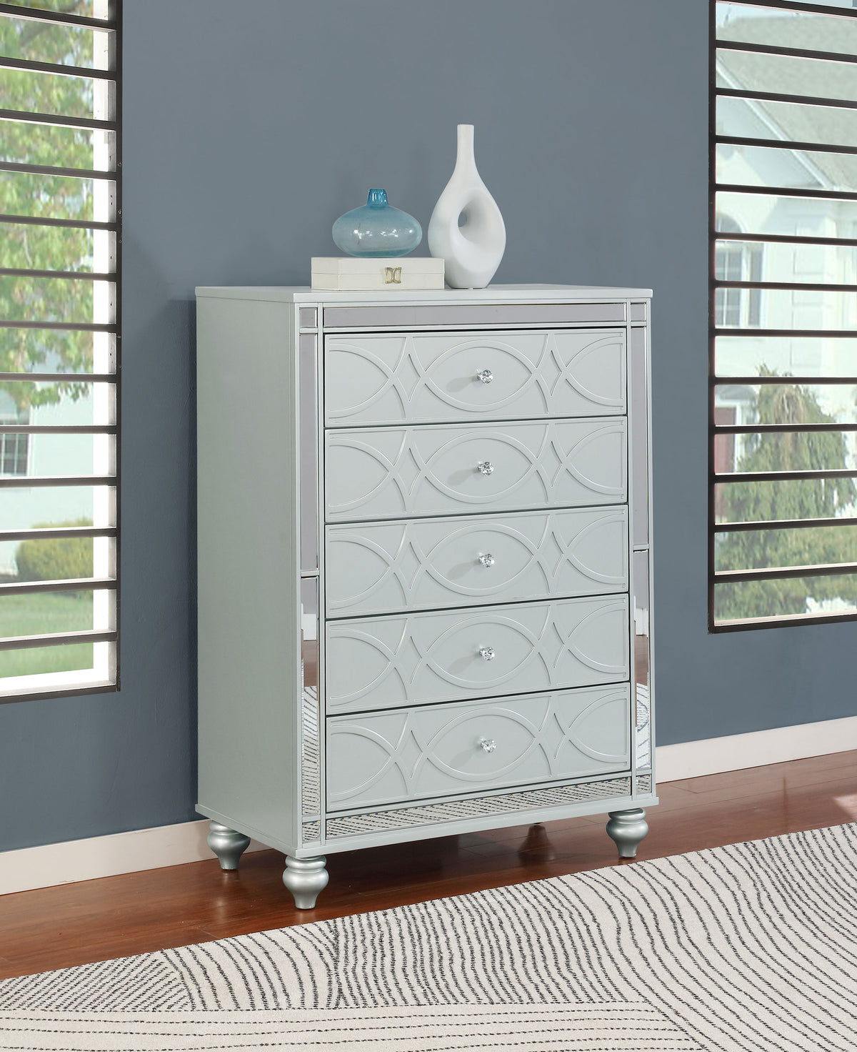 Gunnison Glam LED Panel Bed & Bedroom Sets - Crystal-Tufted Headboard & Fretwork in Silver Metallic - lifestyle