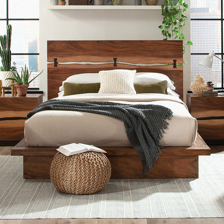 Winslow Live Edge Platform or Storage Bed & Bedroom Sets - Split Headboard with Bow Tie Inlays in Smokey Walnut - lifestyle