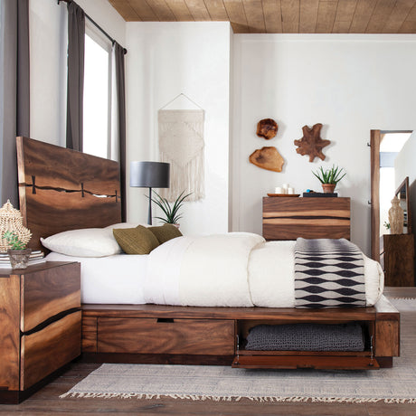 Winslow Live Edge Platform or Storage Bed & Bedroom Sets - Split Headboard with Bow Tie Inlays in Smokey Walnut - lifestyle