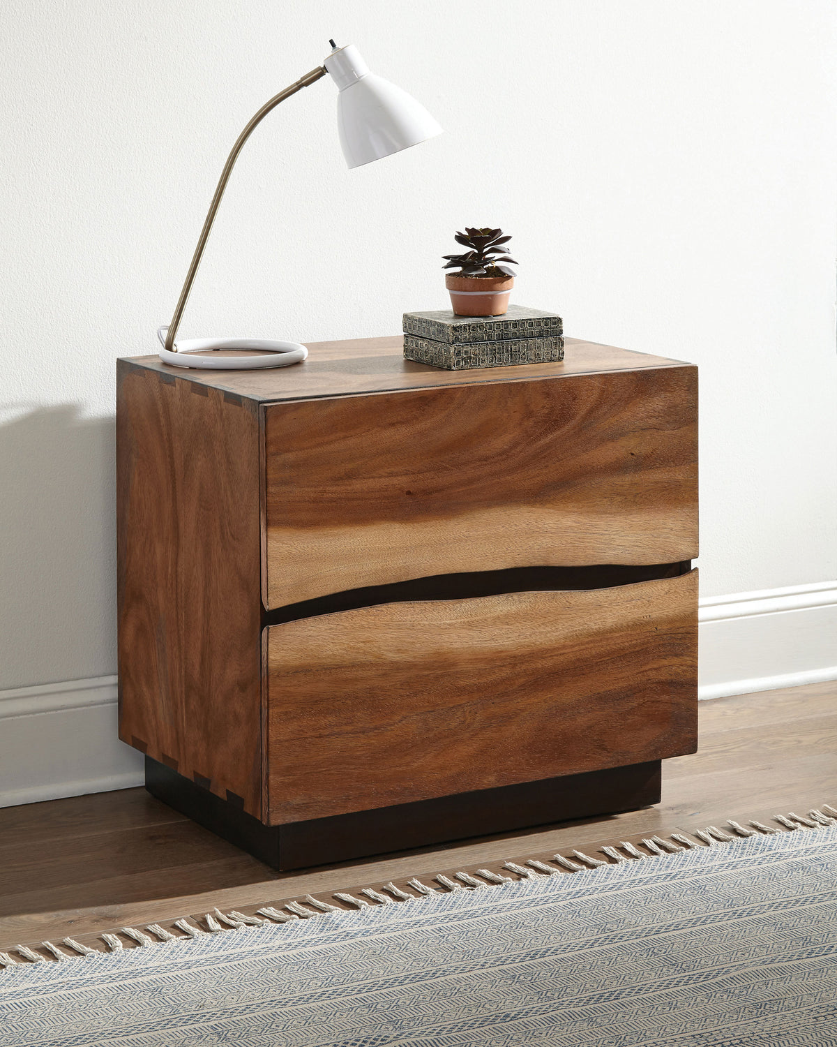 Winslow Live Edge Platform or Storage Bed & Bedroom Sets - Split Headboard with Bow Tie Inlays in Smokey Walnut - lifestyle
