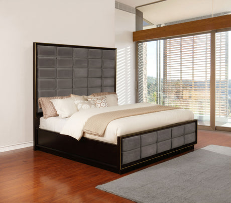 Durango Upholstered Panel Bed & Bedroom Collection - Grid-Tufted Velvet, Smoked Peppercorn with Gold Pulls - lifestyle