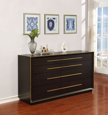Durango Upholstered Panel Bed & Bedroom Collection - Grid-Tufted Velvet, Smoked Peppercorn with Gold Pulls - lifestyle