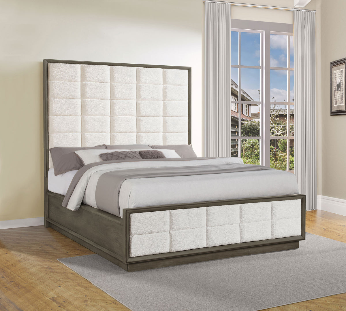 Durango Tufted Upholstered Panel Bed & Bedroom Sets - 80" Headboard in Taupe Oak & Cream, Queen to California King - lifestyle