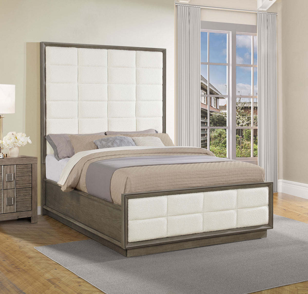 Durango Tufted Upholstered Panel Bed & Bedroom Sets - 80" Headboard in Taupe Oak & Cream, Queen to California King – view 1