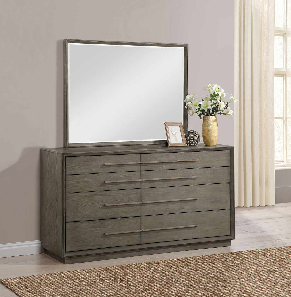Durango Tufted Upholstered Panel Bed & Bedroom Sets - 80" Headboard in Taupe Oak & Cream, Queen to California King - lifestyle