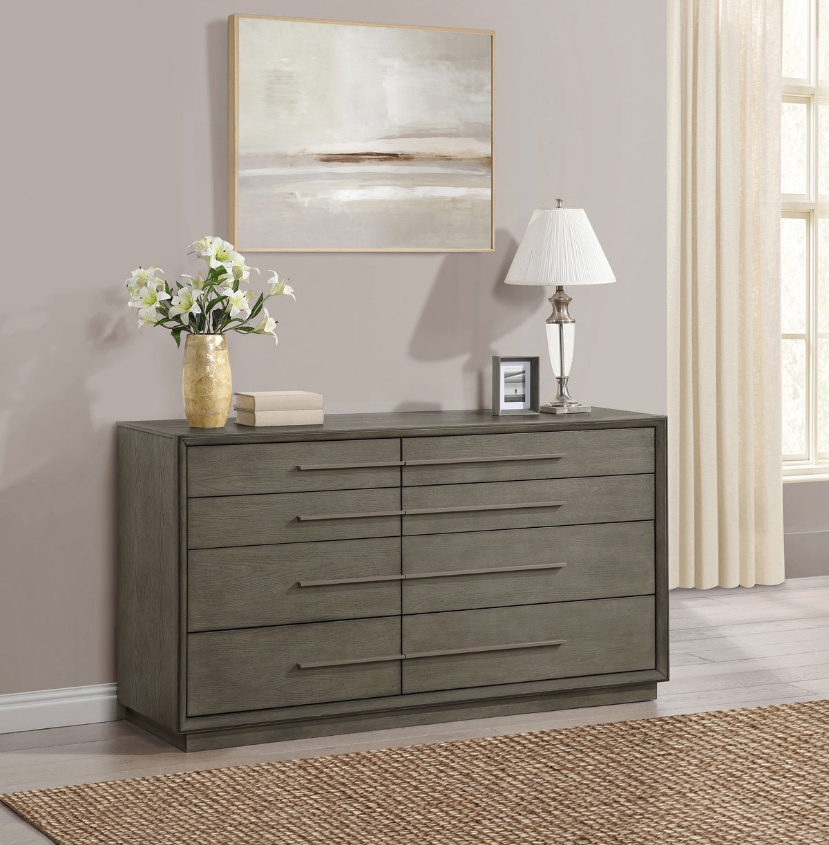 Durango Tufted Upholstered Panel Bed & Bedroom Sets - 80" Headboard in Taupe Oak & Cream, Queen to California King - lifestyle