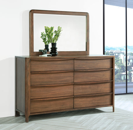 Maderia Upholstered Panel Bed & Bedroom Sets - Mid-Century Walnut Veneer with Felt & Cedar-Lined Drawers, Queen to California King - lifestyle