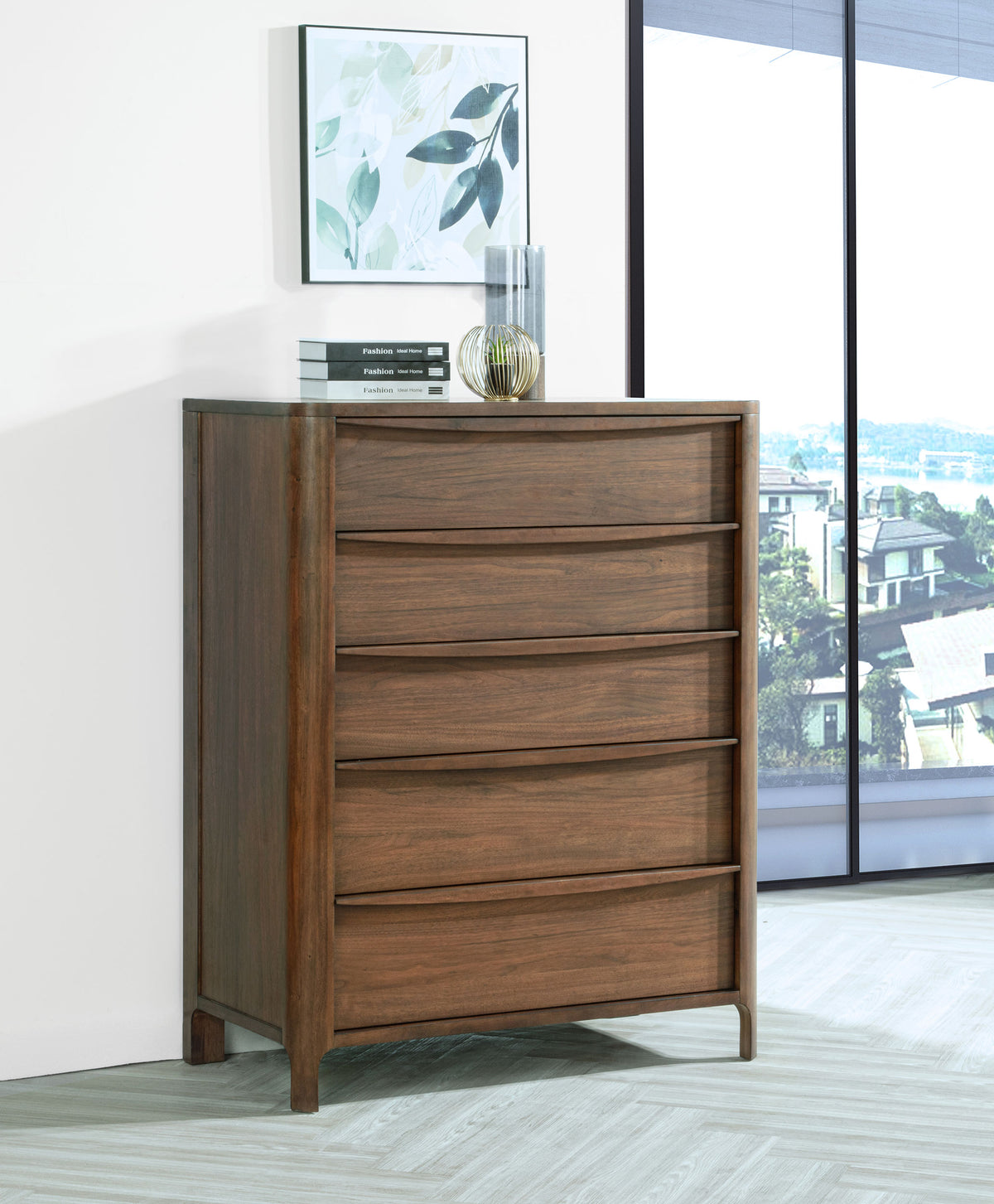 Maderia Upholstered Panel Bed & Bedroom Sets - Mid-Century Walnut Veneer with Felt & Cedar-Lined Drawers, Queen to California King - lifestyle