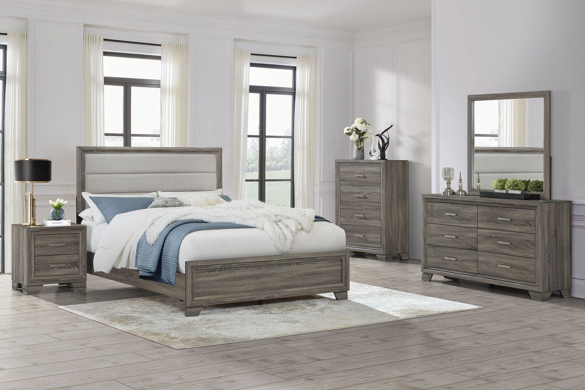 Wright Upholstered Panel Bed & Bedroom Sets - 5pcs- Eastern King Bed + Nightstand + Dresser + Mirror + Chest