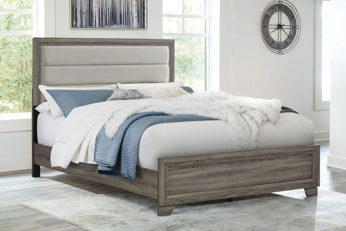 Wright Upholstered Panel Bed & Bedroom Sets - Transitional Brown Oak with Tan Fabric Headboard - lifestyle