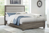 Wright Upholstered Panel Bed & Bedroom Sets - Transitional Brown Oak with Tan Fabric Headboard - lifestyle