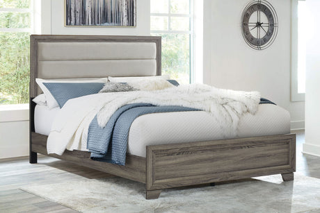 Wright Upholstered Panel Bed & Bedroom Sets - Transitional Brown Oak with Tan Fabric Headboard – view 1