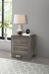Wright Upholstered Panel Bed & Bedroom Sets - Transitional Brown Oak with Tan Fabric Headboard - lifestyle