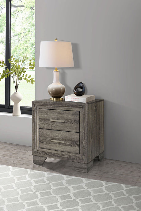 Wright Upholstered Panel Bed & Bedroom Sets - Transitional Brown Oak with Tan Fabric Headboard - lifestyle