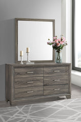Wright Upholstered Panel Bed & Bedroom Sets - Transitional Brown Oak with Tan Fabric Headboard - lifestyle
