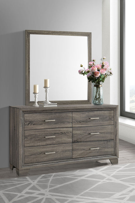 Wright Upholstered Panel Bed & Bedroom Sets - Transitional Brown Oak with Tan Fabric Headboard - lifestyle