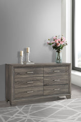 Wright Upholstered Panel Bed & Bedroom Sets - Transitional Brown Oak with Tan Fabric Headboard - lifestyle