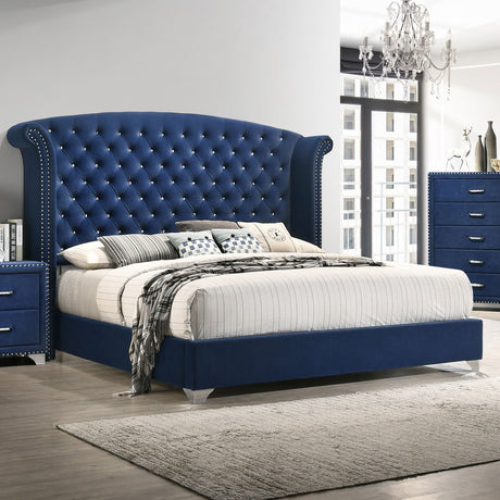 Melody Upholstered Wingback Bed & Bedroom Sets - Pacific Blue Velvet with Chrome Nailhead Trim – view 19