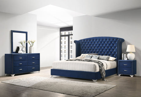 Melody Upholstered Wingback Bed & Bedroom Sets - 4pcs- California King Bed + Nightstand + Dresser + Mirror