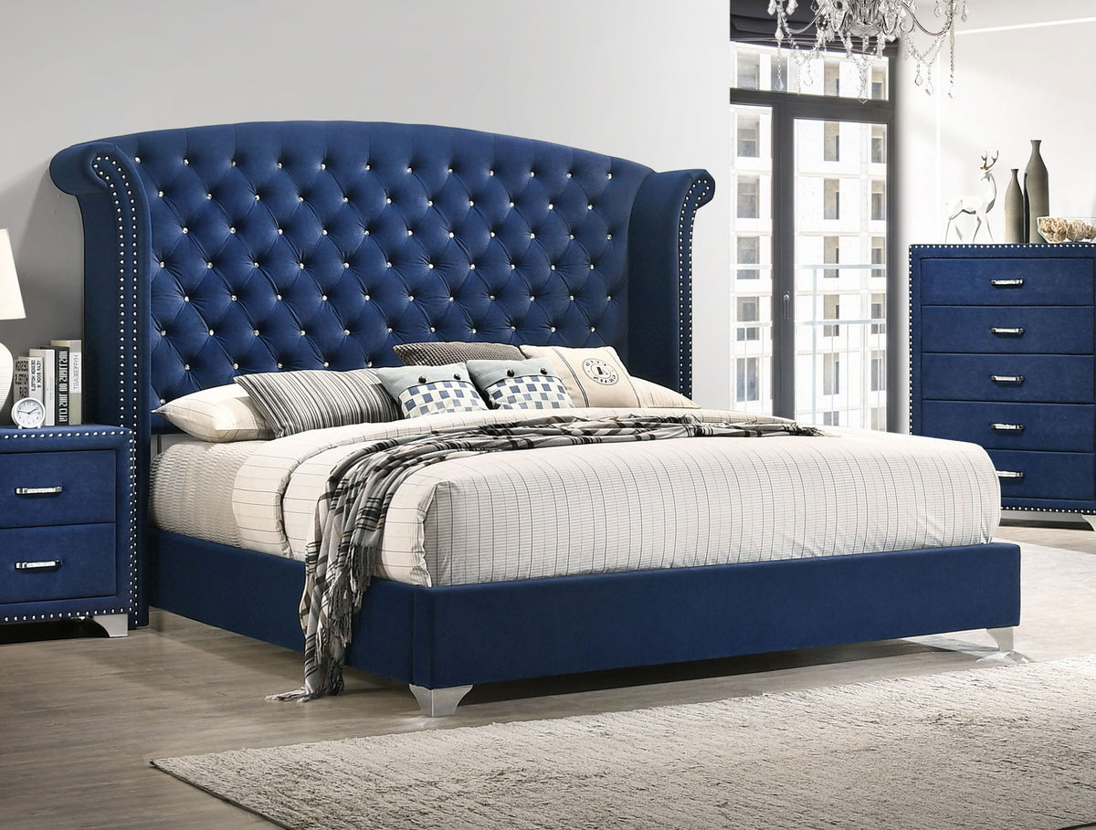 Melody Upholstered Wingback Bed & Bedroom Sets - Pacific Blue Velvet with Chrome Nailhead Trim – view 1