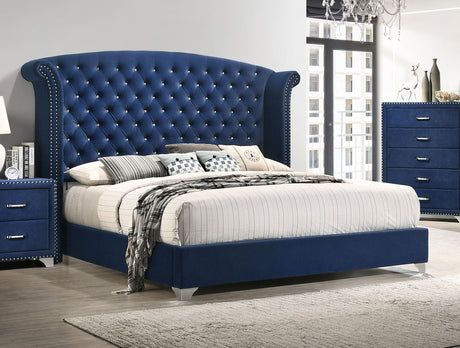Melody Upholstered Wingback Bed & Bedroom Sets - Pacific Blue Velvet with Chrome Nailhead Trim – view 1
