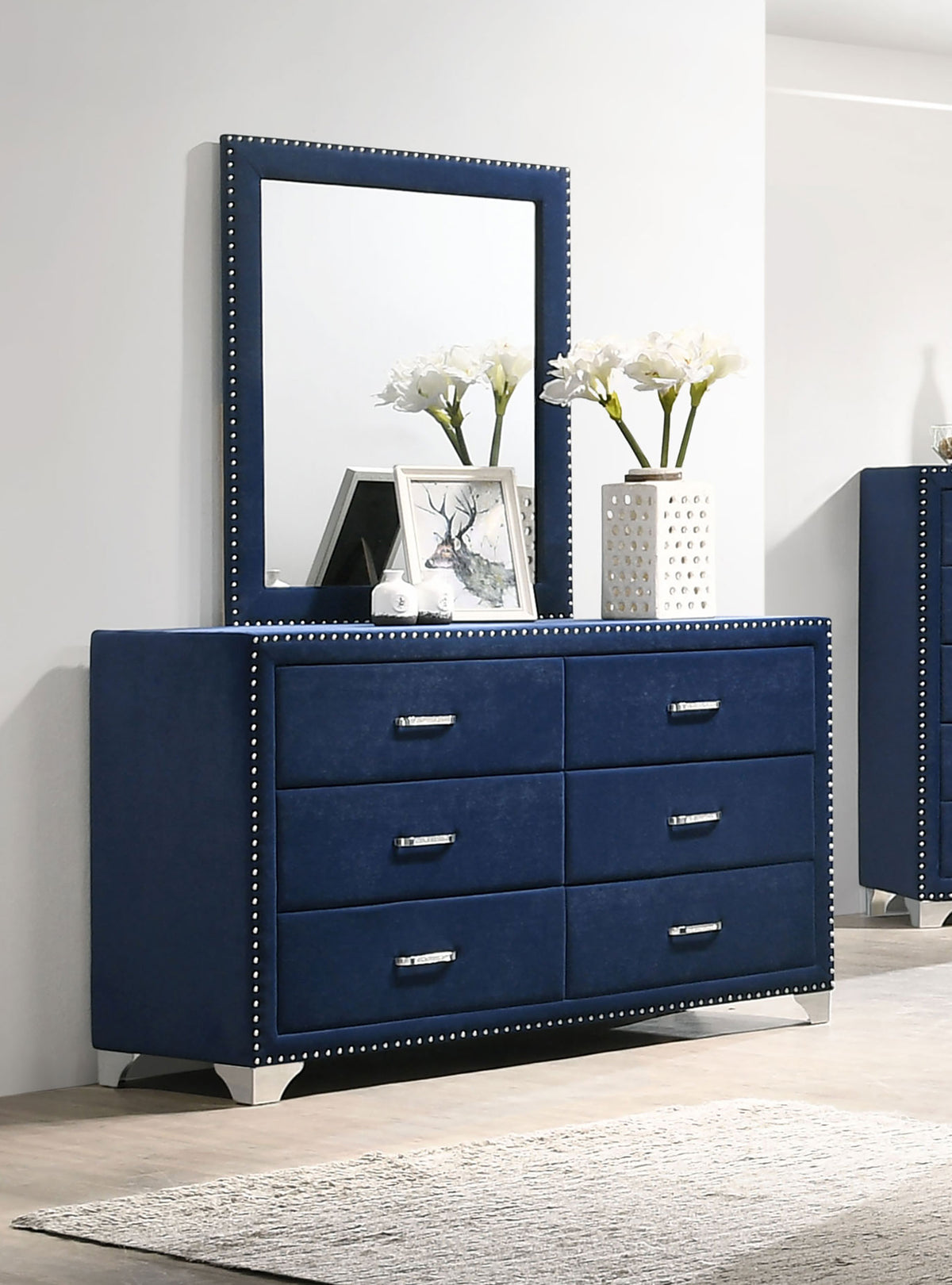 Melody Upholstered Wingback Bed & Bedroom Sets - Pacific Blue Velvet with Chrome Nailhead Trim - lifestyle