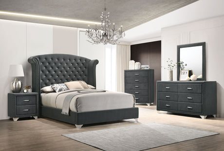 Melody Velvet Wingback Bed & Bedroom Sets - 5pcs- Eastern King Bed + Dresser + Mirror + Nightstand + Chest