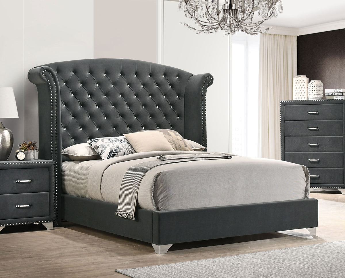 Melody Velvet Wingback Bed & Bedroom Sets - Button Tufting with Chrome Nailhead Trim in Grey, Queen to California King - lifestyle