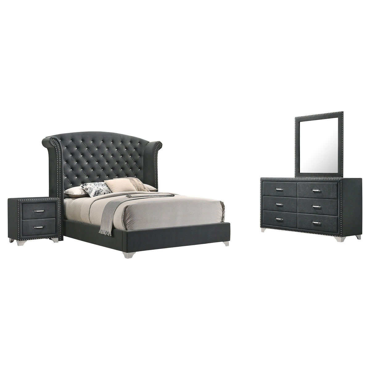 Melody Velvet Wingback Bed & Bedroom Sets - Button Tufting with Chrome Nailhead Trim in Grey, Queen to California King – view 19
