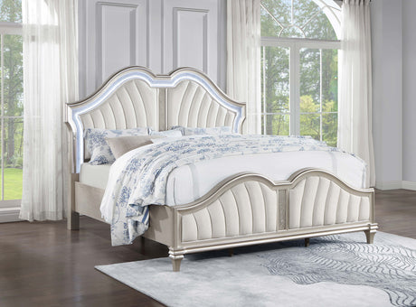 Evangeline Double Arch LED Panel Bed & Bedroom Sets - Silver Oak Glam with Ivory Chenille Tufting - lifestyle