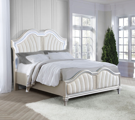 Evangeline Double Arch LED Panel Bed & Bedroom Sets - Silver Oak Glam with Ivory Chenille Tufting – view 1