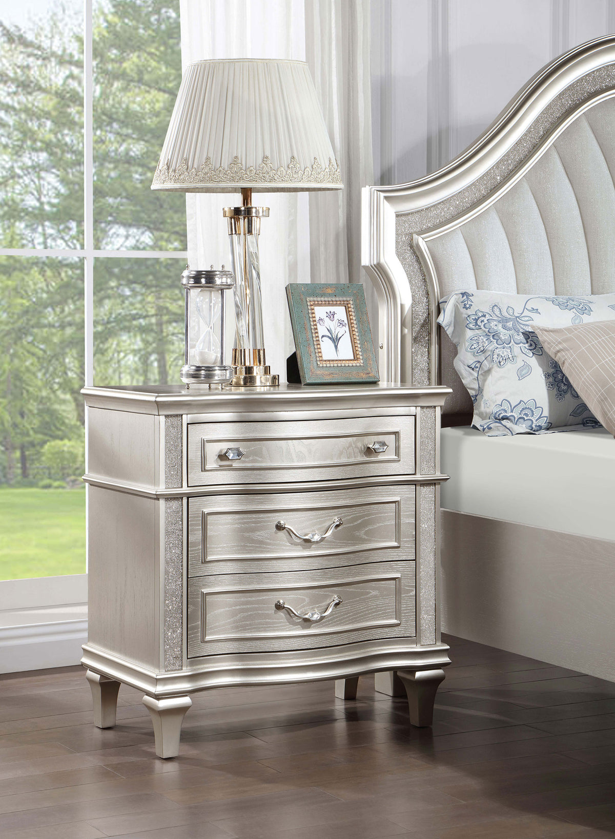 Evangeline Double Arch LED Panel Bed & Bedroom Sets - Silver Oak Glam with Ivory Chenille Tufting - lifestyle