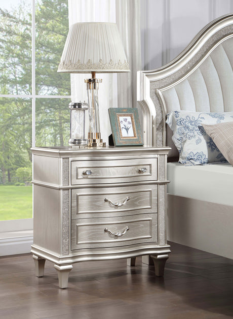 Evangeline Double Arch LED Panel Bed & Bedroom Sets - Silver Oak Glam with Ivory Chenille Tufting - lifestyle