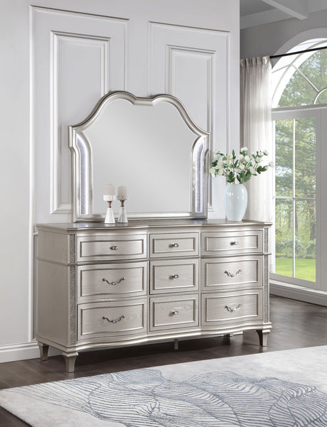 Evangeline Double Arch LED Panel Bed & Bedroom Sets - Silver Oak Glam with Ivory Chenille Tufting - lifestyle