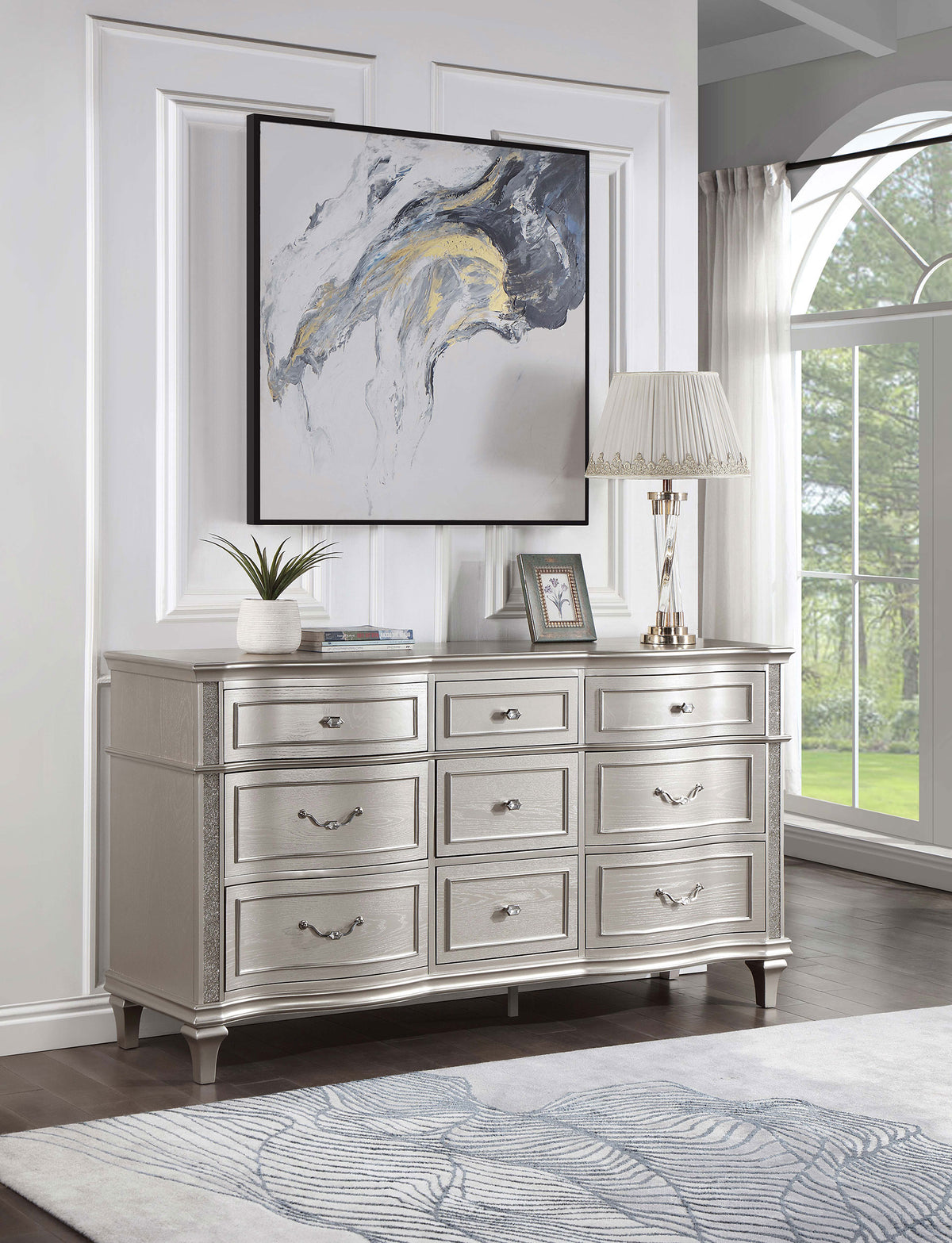 Evangeline Double Arch LED Panel Bed & Bedroom Sets - Silver Oak Glam with Ivory Chenille Tufting - lifestyle