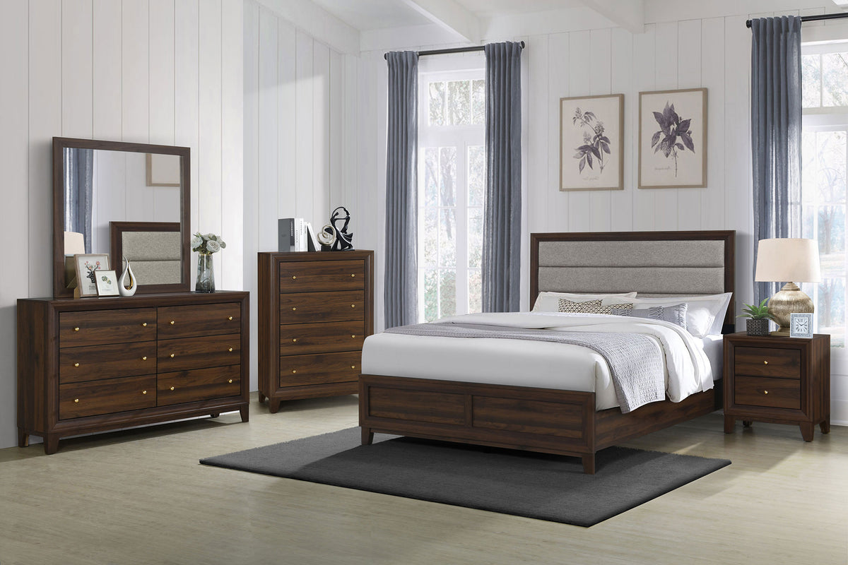 Welsley Upholstered Panel Bed & Bedroom Sets - 5pcs- Eastern King Bed + Nightstand + Dresser + Mirror + Chest