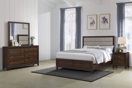 Welsley Upholstered Panel Bed & Bedroom Sets - 4pcs- California King Bed + Nightstand + Dresser + Mirror