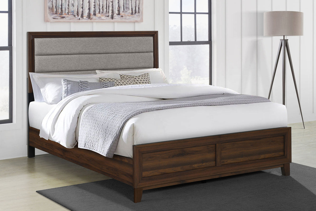 Welsley Upholstered Panel Bed & Bedroom Sets - Modern Walnut with Taupe Headboard & Gold Knobs – view 1