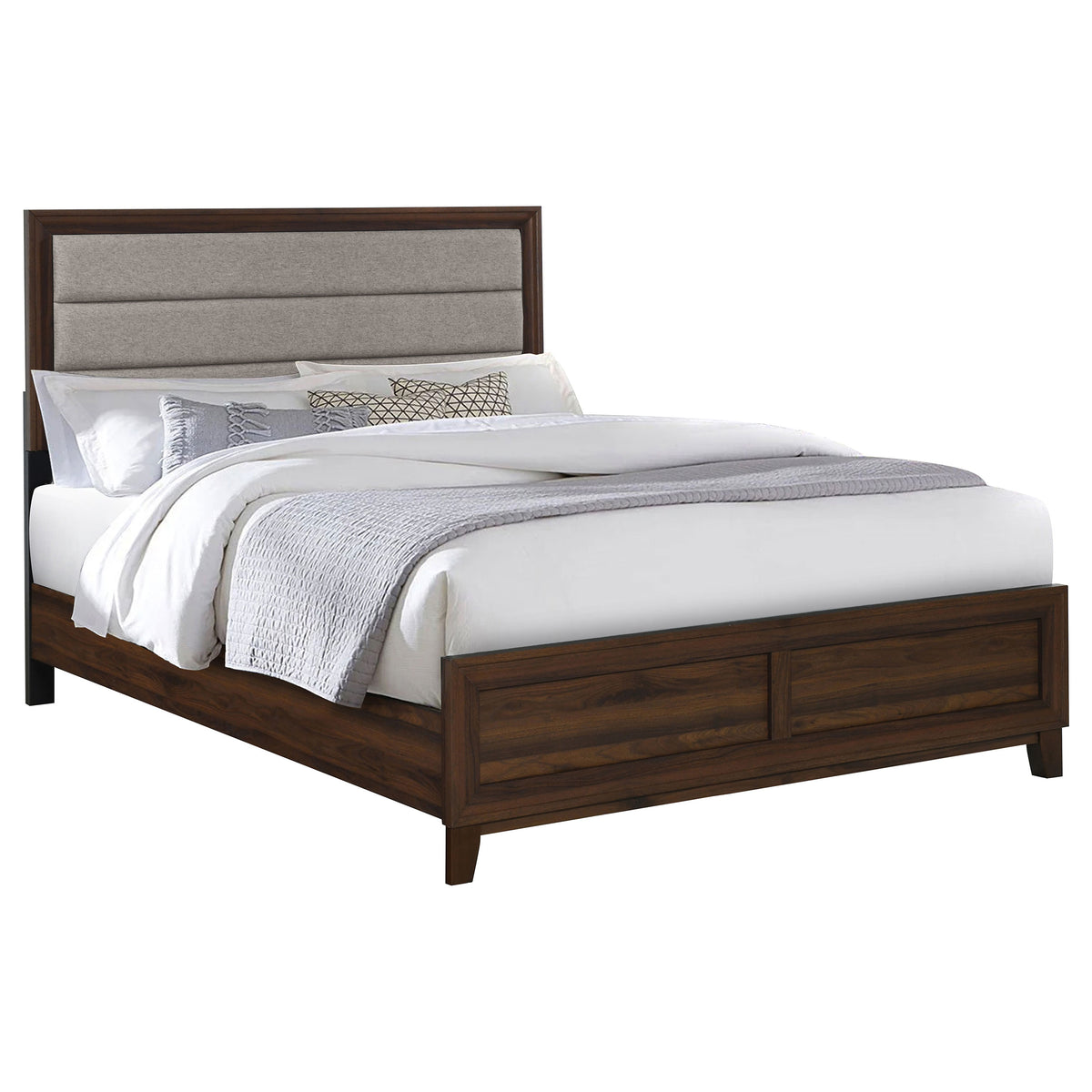 Welsley Upholstered Panel Bed & Bedroom Sets - Modern Walnut with Taupe Headboard & Gold Knobs