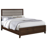 Welsley Upholstered Panel Bed & Bedroom Sets - Modern Walnut with Taupe Headboard & Gold Knobs