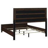 Welsley Upholstered Panel Bed & Bedroom Sets - Modern Walnut with Taupe Headboard & Gold Knobs