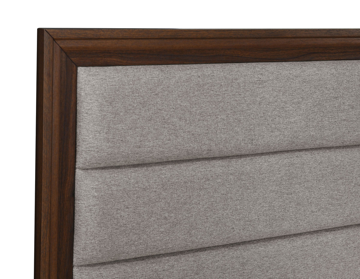 Welsley Upholstered Panel Bed & Bedroom Sets - Modern Walnut with Taupe Headboard & Gold Knobs