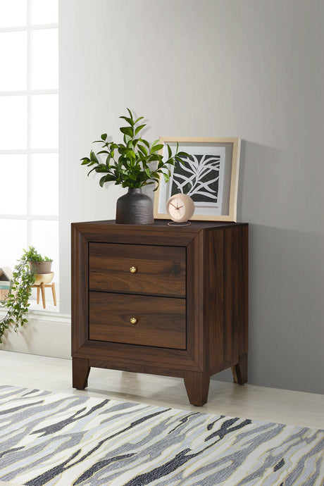 Welsley Upholstered Panel Bed & Bedroom Sets - Modern Walnut with Taupe Headboard & Gold Knobs - lifestyle