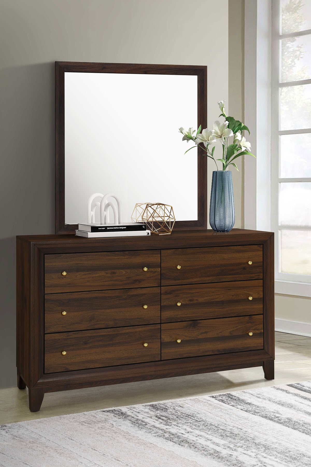 Welsley Upholstered Panel Bed & Bedroom Sets - Modern Walnut with Taupe Headboard & Gold Knobs - lifestyle